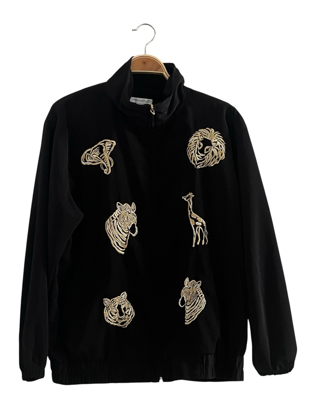VTG Mureli full-zip Bomber Jacket gold silver embroidered Safari Animals Sz PM